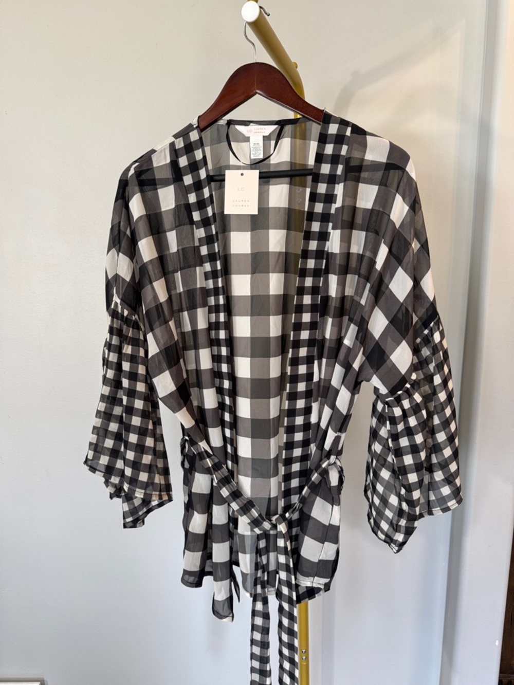 LC Lauren Conrad Black and White Gingham Open sheer Cardigan one size - Picture 1 of 11